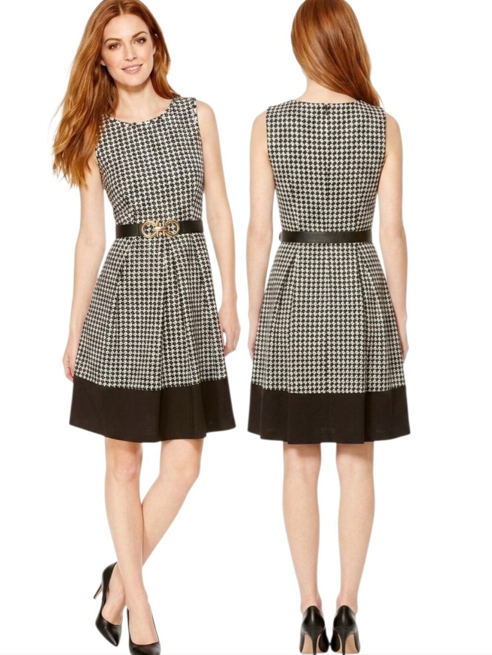 CALVIN KLEIN Sleeveless Houndstooth Fit & Flare Day Dress - Size 6